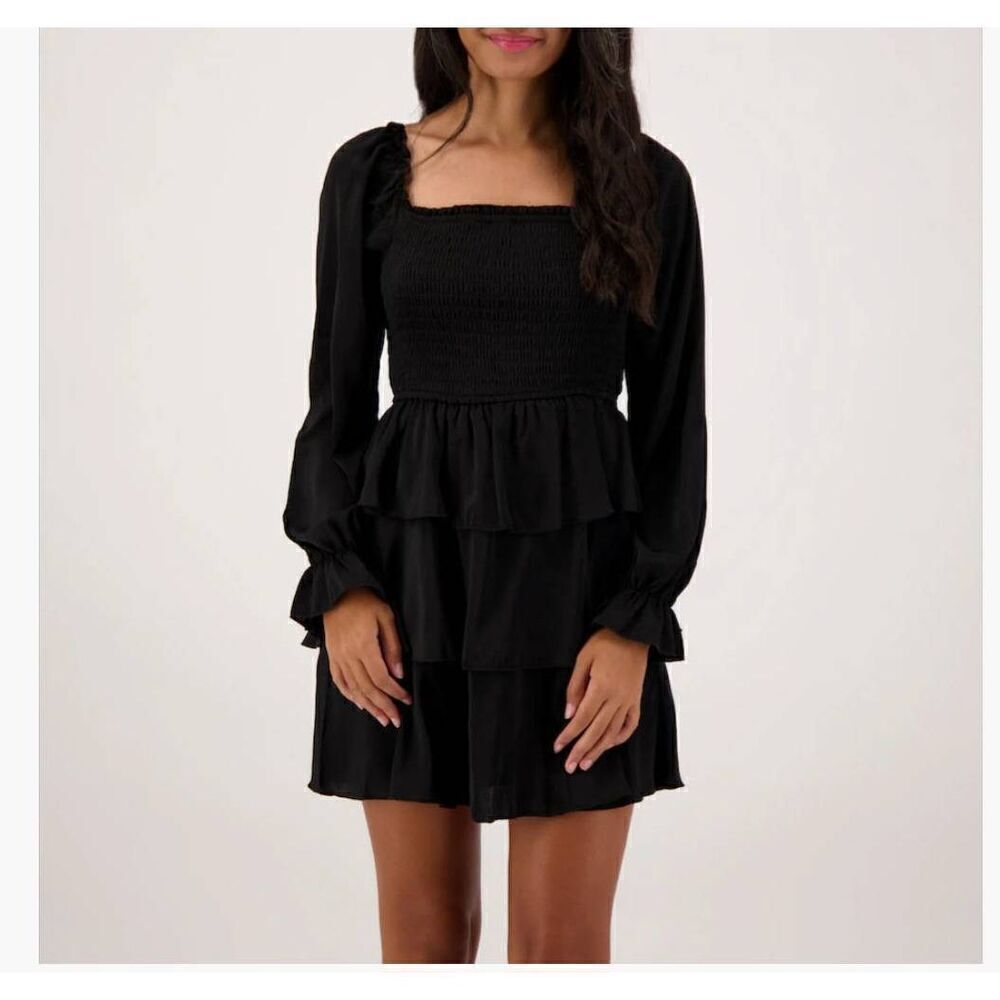 Charmed Hearts Dark Forest Green 3 Tiered Ruffle Mini Dress, Long Sleeves, Smock